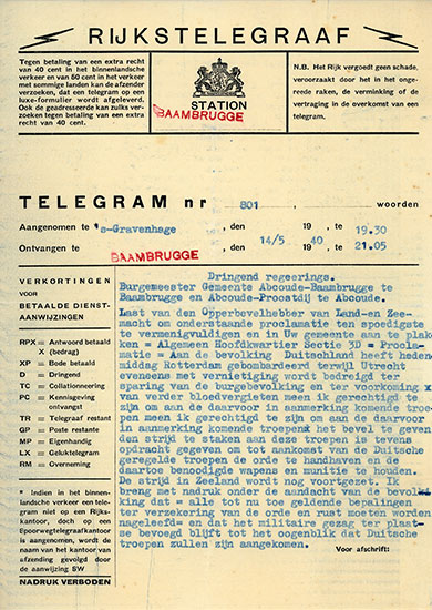 Telegram van 14 mei 1940 19.30 – 21.05 uur