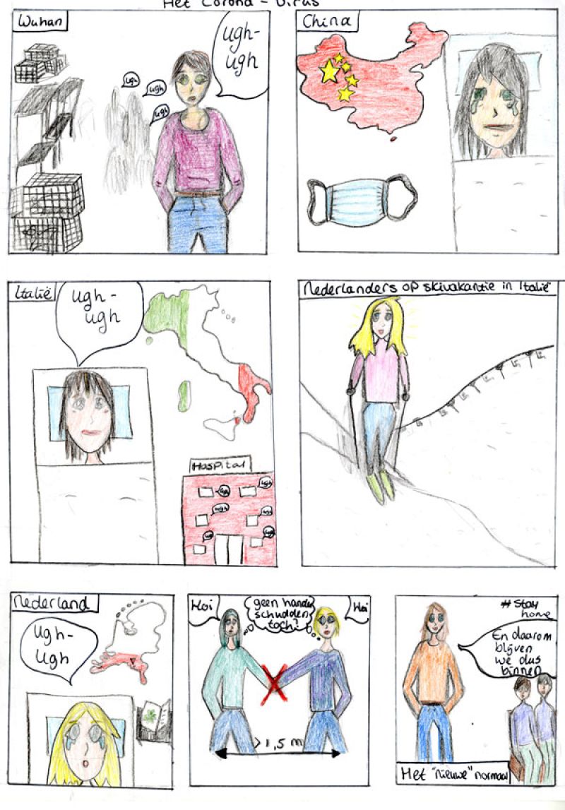 Bekijk Striptekening van een middelbare scholier uit Breukelen over de verspreiding van het coronavirus, 2020-2021